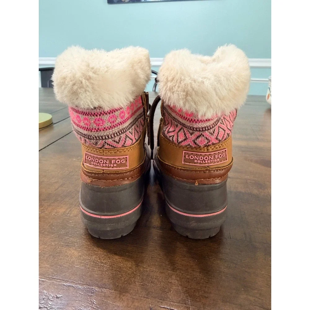 London Fog Girls Pink Fair Isle Faux Fur Trim Duck Winter Boots Tan Brown Size 6